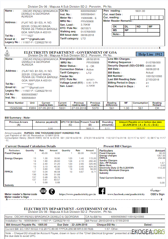 INIDA ELECTRICITY DEPARTMENT GOVERNMENT OF GOA utility bill Word and PDF template
